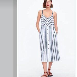 Zara Women's White/Blue Striped Sleeveless Button-Up Wide-Strap Dress